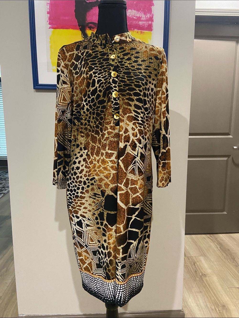 Chico's Long-Sleeve Animal Print Shift Dress in Brown, Black and Cream
